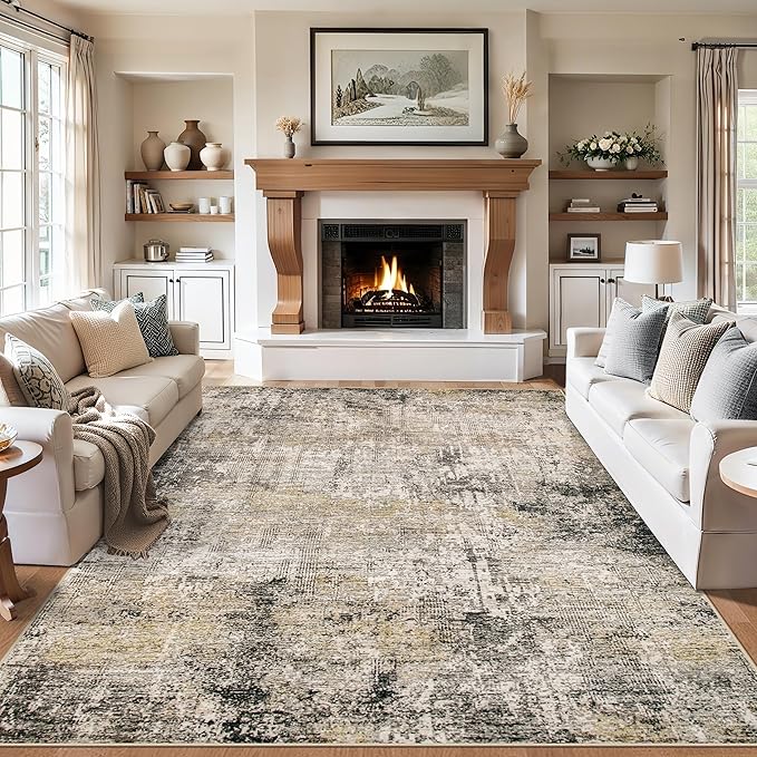 PLHXFR 8x10 Area Rug Living Room: Abstract Washable Carpet Brown Black | For Bedroom Dining Room Farmhouse Nursery Home,Machine washable,Non Slip,Large Soft Neutral,Stain Resistant, Indoor Floor