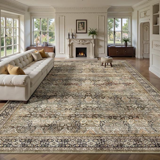 10x14 Area Rugs for Living Room - Washable Vintage Retro Large Rug, Soft Ultra Thin Non Slip Low Pile Traditional Distressed Boho Carpet for Bedroom Dining Room Home Office, Charcoal Olive