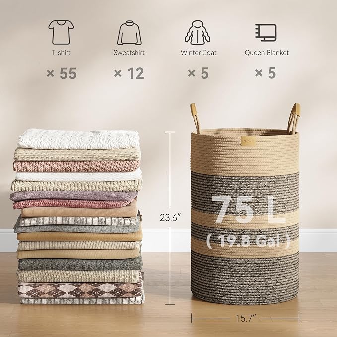 Nunsino 75L Striped Laundry Hamper with Leather Handles,Large Foldable Laundry Basket for Clothes,Cotton Rope Storage Bin for Blankets,Woven Clothes Basket for Bedroom,Dark Brown Stripes