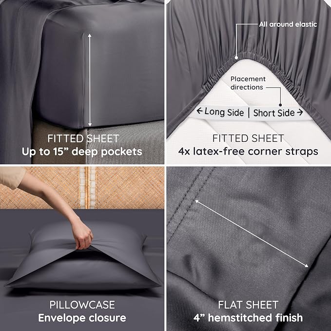 Bambaw 100% Viscose Derived from Bamboo Sheets Twin Size Set – 4-Piece Cooling Sheet Set Twin Size, Lightweight, Soft & Moisture Wicking, Deep Pocket Fits Up to 15" Mattresses, Smooth Feel (Charcoal)