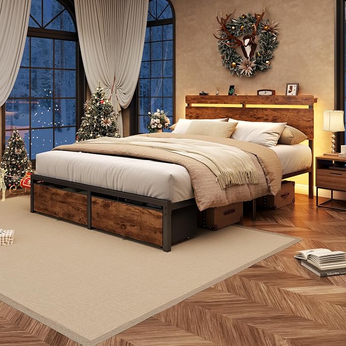Forestell Queen Bed Frame with Wood Headboard,2 Storage Drawers & Shelf | Built-in Charging Station & LED Lights, Metal Support, No Box Spring Needed, noise-free, easy assembly, Smart RGB, USB+Type-C