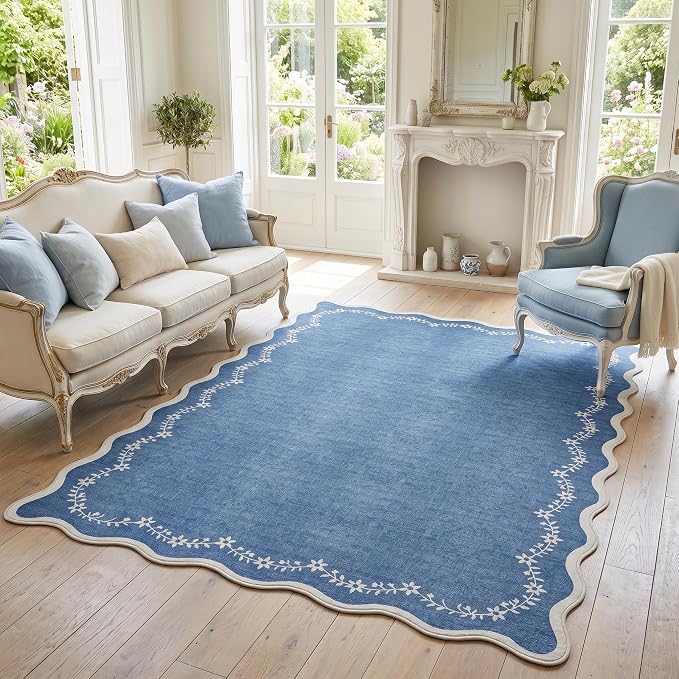 GarveeHome 5x7 Scalloped Area Rug Blue Washable Bedroom Living Room Rug | Soft Floral Low Pile Non Slip Accent Floor Mat Solid Print Throw Rug Indoor Carpet for Dining Room Dorm Playroom