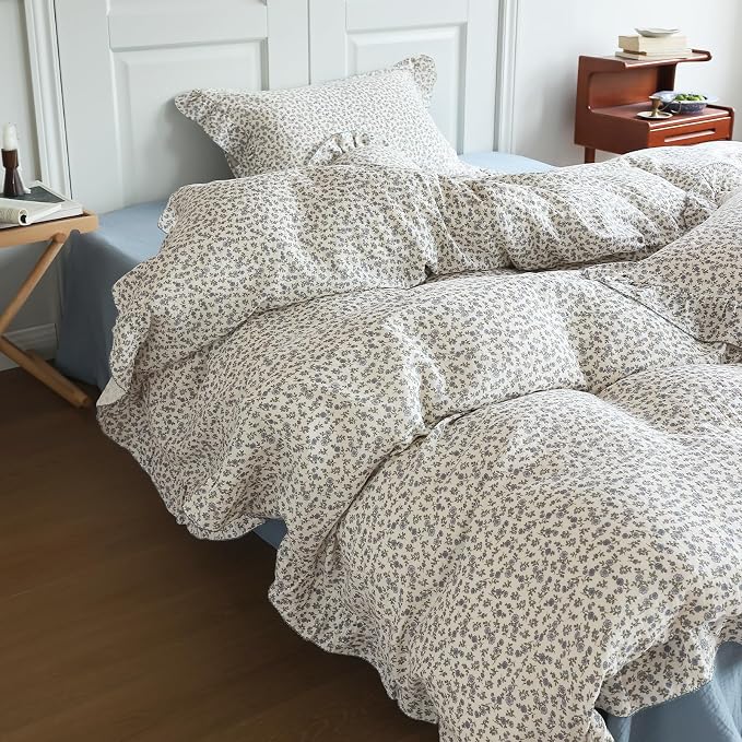 Blue Floral Print Duvet Cover Full Bed Comforter Cover 79"x90", Cotton Muslin Quilt Cover with Ruffles Chic Princess Bedding Duvet Cover with Zipper, No Pillow Cases/Filling