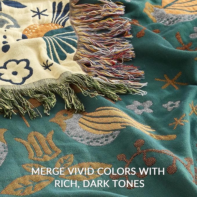 Boho Throw Blanket for Couch Sofa Bed, 100% Cotton Woven Quilt with Tassel 60”x80”, Super Soft Muslin Blanket with Bird Printed, Decorative Reversible Bed Blanket/Cover for All Seasons