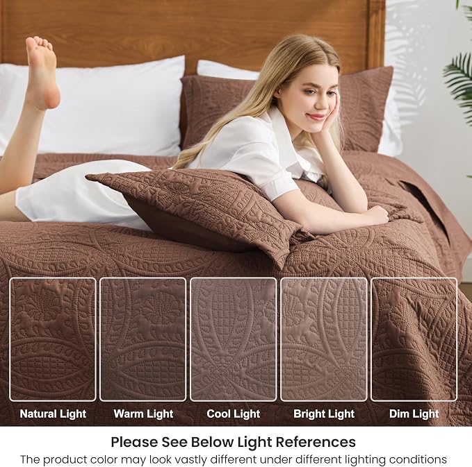 Love's cabin Oversized King Size Quilt Bedding Set Brown Bedspreads - Oversized King Lightweight Bedspread Comforter - Coin Pattern Coverlet for All Season - 3 Pieces (1 Quilt, 2 Pillow Shams)