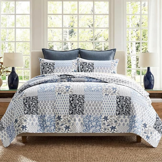 EverGrace 100% Cotton Patchwork Quilt Set, King Size, Coastal Blue 110"×92" | Reversible Lightweight Bedspread Coverlet, Printed Patchwork Bedding Set, Traditional Block Print Quilt with 2 Pillow Shams