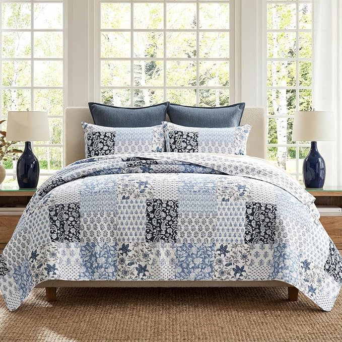 EverGrace 100% Cotton Patchwork Quilt Set, Queen Size, Coastal Blue 96"×92" | Reversible Lightweight Bedspread Coverlet, Printed Patchwork Bedding Set, Traditional Block Print Quilt with 2 Pillow Shams