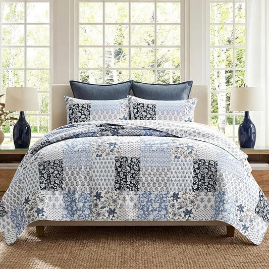 EverGrace 100% Cotton Patchwork Quilt Set, Queen Size, Coastal Blue 96"×92" | Reversible Lightweight Bedspread Coverlet, Printed Patchwork Bedding Set, Traditional Block Print Quilt with 2 Pillow Shams