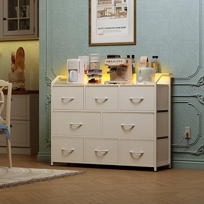 WLIVE Dresser for Bedroom, 8 Drawer LED Dresser with Outlet, White | 8 roomy fabric drawers, LED ambient lighting, Built-in power outlet, Bedroom or living room, Chest of drawers