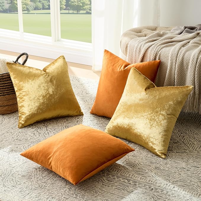 GIGIZAZA Pack of 4 Decorative Velvet Pillow Covers 20x20 Orange Gold | Throw Pillows for Couch Sofa,280gsm Soft Textured Fabric,Modern Accent Pillowcases,Luxury Living Room Cushion Covers