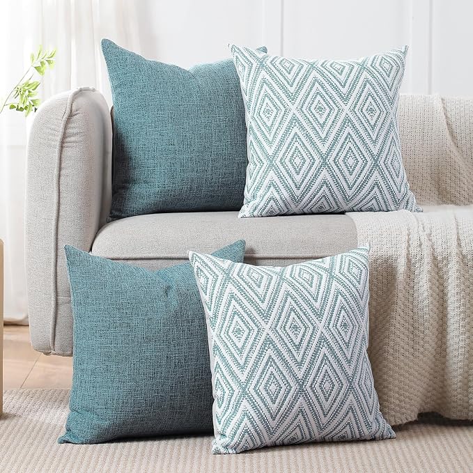 HPUK Throw Pillow Covers 20x20, Set of 4, Blue Textured Couch Pillow Covers | Polyester fabric, patterned and solid designs, hidden zippers, machine washable, for sofas and beds, inserts not included