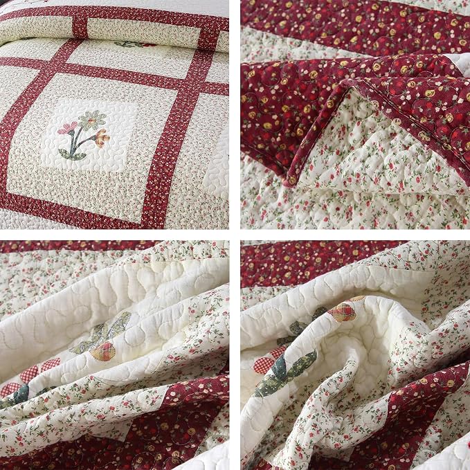 vctops Christmas Red 3 Piece Embroidered Floral Quilted Bedspread Quilt Set 100% Cotton Reversible Patchwork Coverlet Set 1 Quilt and 2 Pillow Shams (Red,King)