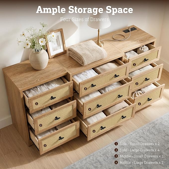 9 Drawers Dresser for Bedroom, 63" Wide Rattan Dressers w/Charging Station | Chest of Drawers with 4 Custom Drawers, Long Dresser TV Stand, Wood Closet Clothes Storage Organizer for Living Room