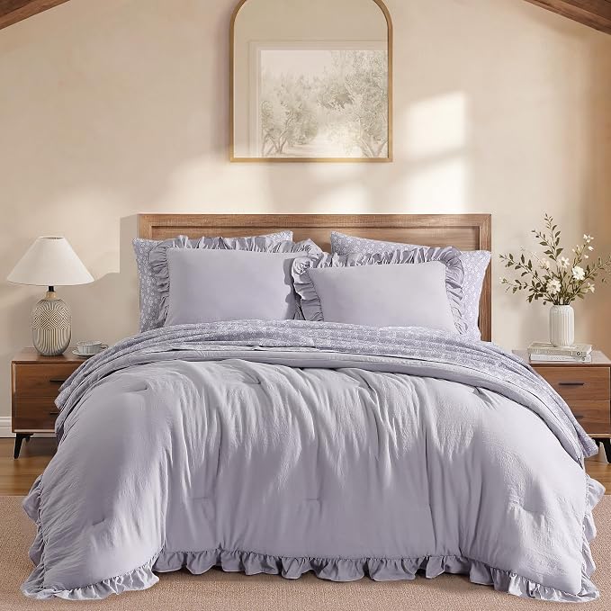 Queen Comforter Set-7 Pieces Ruffle Bedding with Floral Sheet | Lilac Floral Bed in a Bag, Soft Lightweight All Season Farmhouse Queen Bedding Sets with Floral Sheets, Pillowcases & Shams