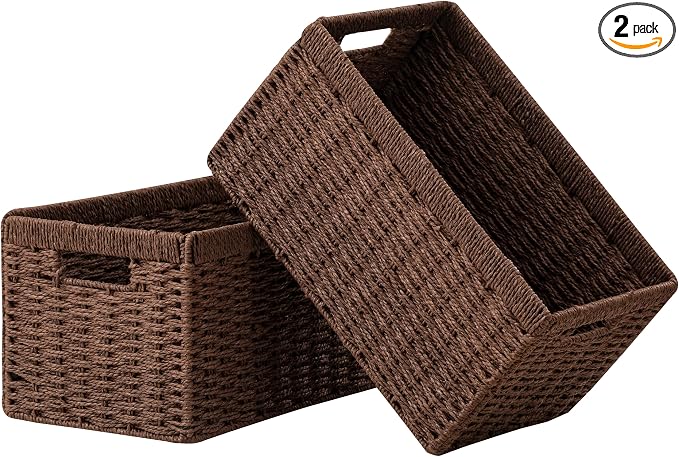 UBBCARE 2 Pack Wicker Basket, 13.4L×8.3H×7.1W inch Woven Paper Rope Storage Baskets for Shelves, Foldable Rectangular Storage Baskets with Handle, Storage Basket for Organizing, Dark Brown