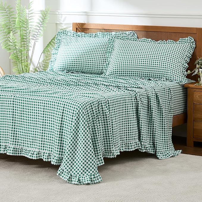Gingham Twin Sheet Set, Lightweight Super Soft Brushed Microfiber Plaid Bed Sheets with 16" Deep Pocket, 3 Piece Ruffle Farmhouse Bedroom Decor, Green