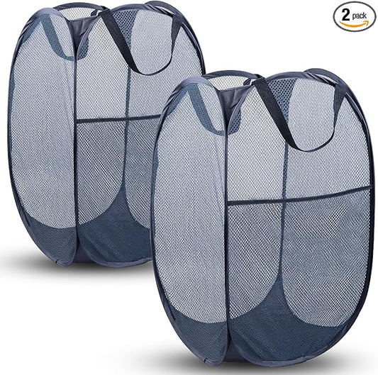 2 Pack Pop Up Laundry Hampers, 70 L Collapsible Foldable Mesh Basket, Blue | Reinforced handles, breathable fabric, foldable, portable for dorm college travel camping cruise, dirty clothes, toys storage