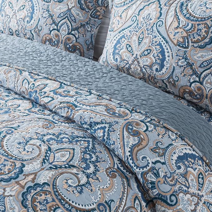 Cotton Bedspread Quilt Sets-Reversible Patchwork Coverlet Set, European Grey Floral Pattern, Queen Size
