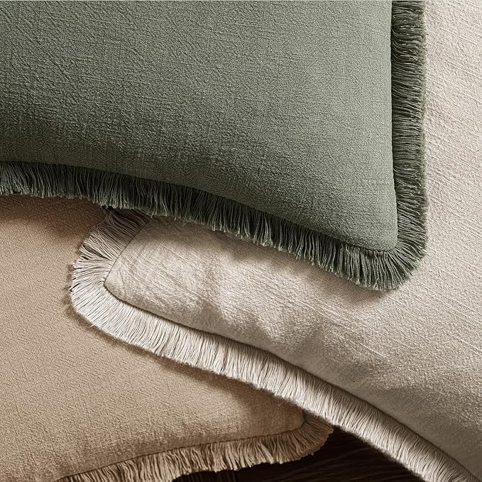 MIULEE Boho Linen Fringe Decorative Throw Pillow Covers Camel 20x20 | Set of 2, Cottagecore Decor, Boho Farmhouse Neutral Pillow Covers, Rustic Couch Cushion Cases for Sofa Bed Living Room
