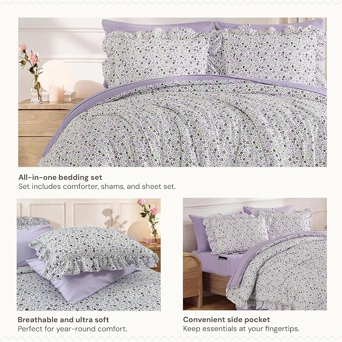 Full Size Comforter Sets-7 Pieces Floral Ruffle Bedding Set | Violet Ditzy Bed in a Bag, Soft Lightweight All Season Farmhouse Full Size Bedding Sets with Sheets, Pillowcases & Shams