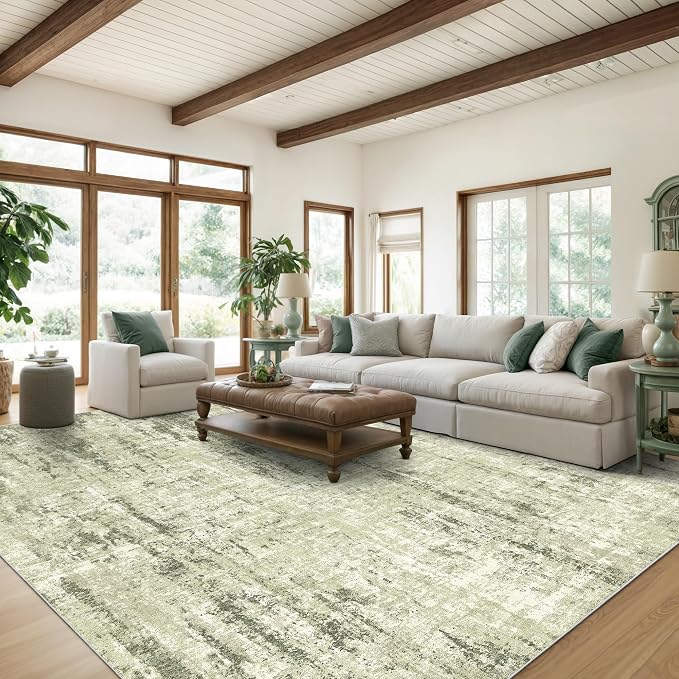 6x9 Area Rugs, Abstract Large Washable Rugs for Living Room, Green | Soft & Lighweight, Folable, Stain Resistant Low Pile Thin Indoor Distressed Carpet Rugs for Bedroom,Laundry Room,Kitchen