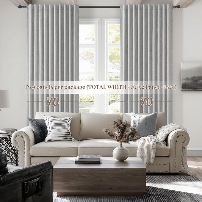 Gray Blackout Curtains 70 Inches Extra Wide Linen Curtains 84 Inch Length for Kids Boys Room/Nursery, Pleated Bedroom Thermal Drapes for Winter Thick Window Energy Efficient 70"W x 84"L 2 Panels