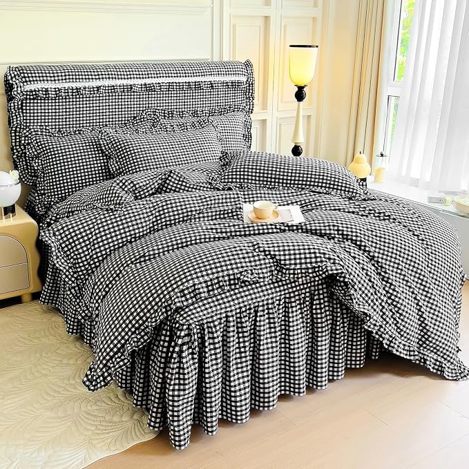 LifeTB Twin XL Comforter Set Black Gingham Comforter with 2 Pillowcases Vintage Ruffle Plaid Comforter Set Grid Bedding Checkered Pattern Comforter Fluffy Soft Plaid Gingham Bedding Set Twin XL