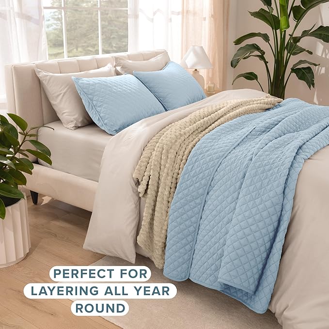 Bare Home Coverlet Set - Twin/Twin Extra Long - Lightweight Bed Decor - Comforter Alternative - All-Season Quilted Bedspread (Twin/Twin XL, Light Blue)