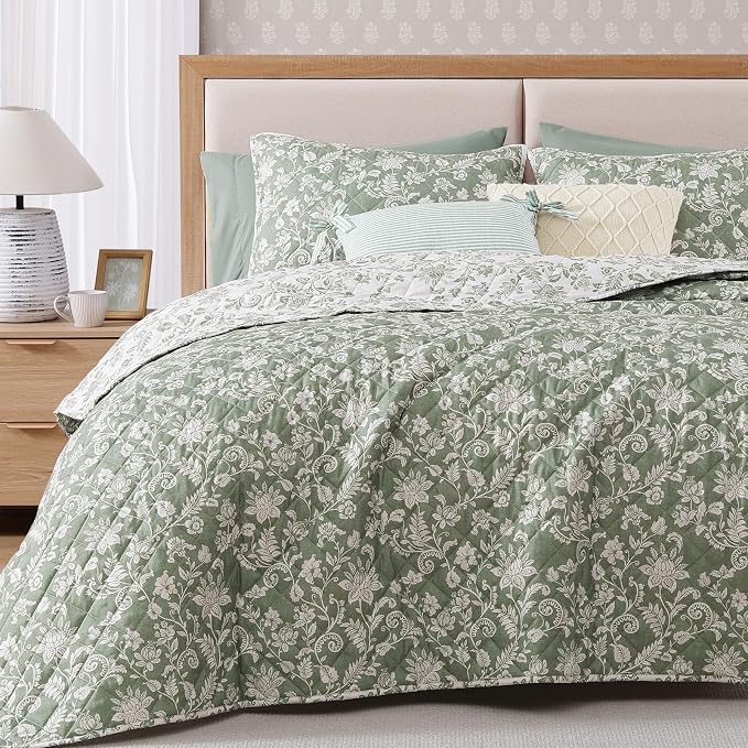 California King Quilt Set-3 Pieces Soft Bedding Floral Reversible Coverlet | All Seasons Lightweight Quilts Queen Size for Bed, Breathable Vintage Bedspread with Shams, Green