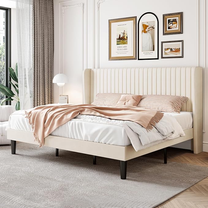 SHA CERLIN King Size Velvet Bed Frame, Tufted Wingback Headboard, Cream | 47'' Modern Vertical Channel Headboard, Upholstered Platform Bed, Wood Slats, No Box Spring Needed, Easy Assembly, Noise Free