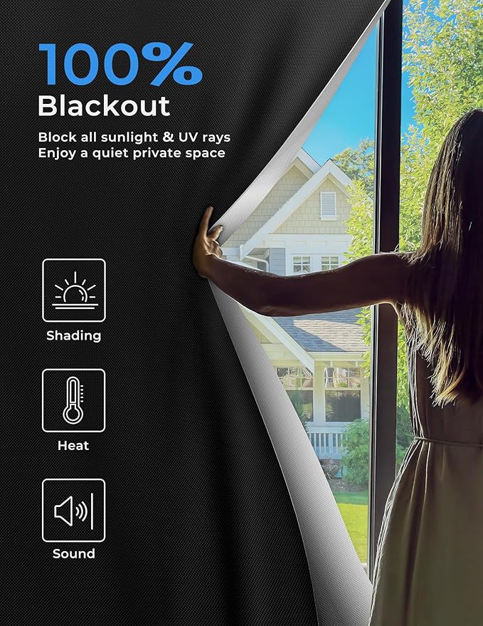 Blackout Curtains Portable 23”x48” No Drill Black Out Window Cover | 100% Blackout Shades with Heat-Resistant Hook&Loop Tapes,Thermal Insulated Window Blinds for Home,Nursery(1 Panel,Black)