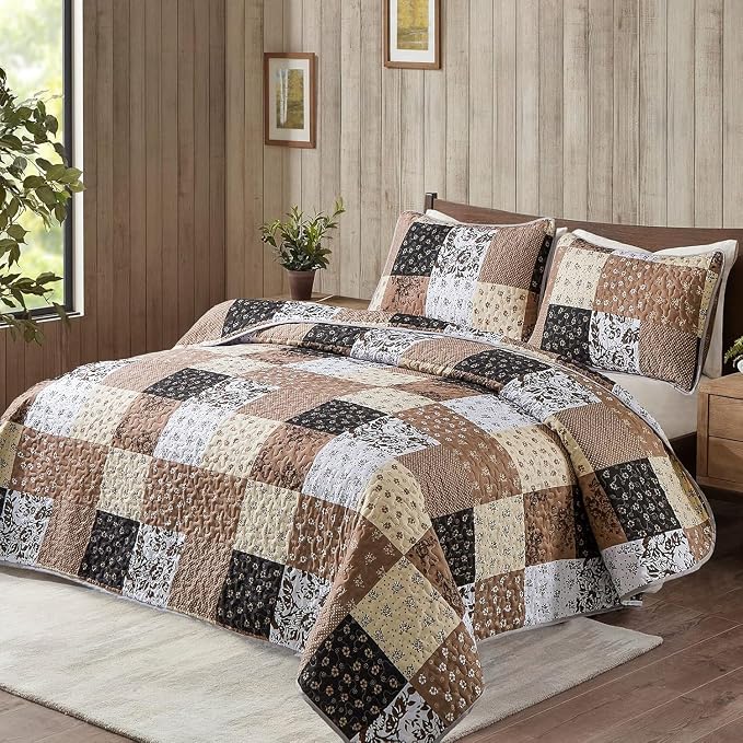 Mybedsoul Brown Quilt Set Full Size, Patchwork Floral Bedding Set | Soft Lightweight Microfiber Coverlet Set, 3 Pieces Plaid Reversible Bedspread, Bed Sets for All Seasons 78"x90"
