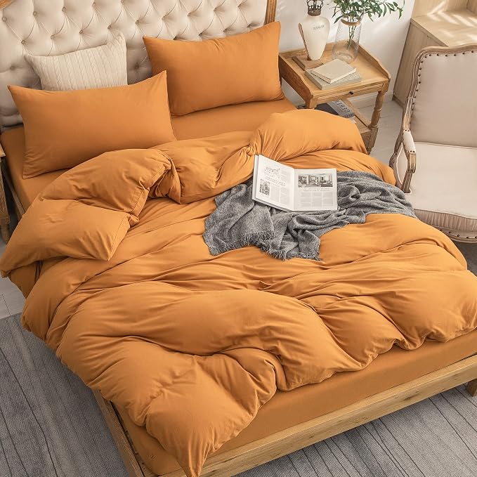 PURE ERA Jersey Knit Sheet Set Solid Burnt Orange California King | 100% Cotton, 3 Piece Set, T Shirt Soft, Breathable, Envelope Closure Pillowcases, Hidden Zipper, 8 Ties, No Insert, Modern