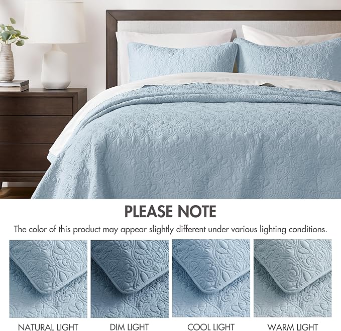 Madison Park Luxurious Cotton Damask Quilt Set, 2PC Twin/Twin XL Bed Set | All Season, Lightweight Stitching Coverlet Bedspread Bedding Stitching with Shams, Blue