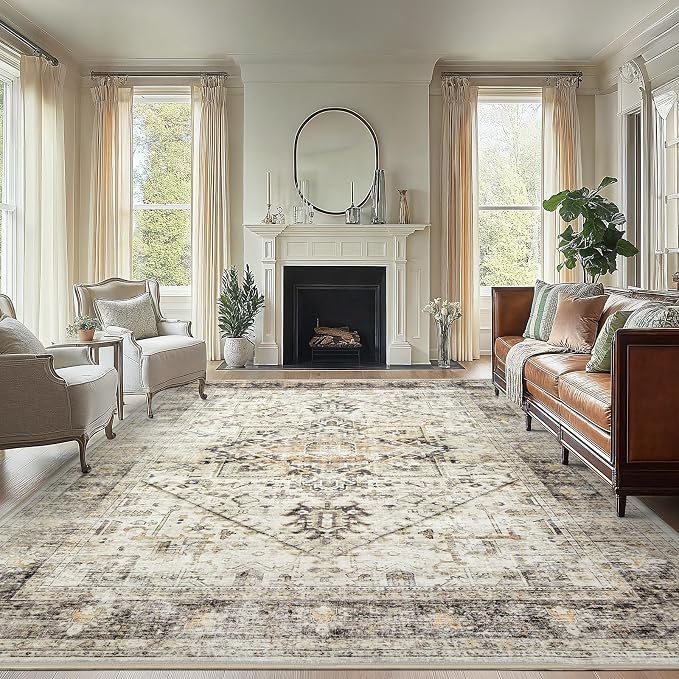 AMADA HOMEFURNISHING Washable Area Rug, Low-Profile Large Area Rug with Non-Slip Backing & Durable Edge Binding, Vintage Large Rugs for Living Room, Bedroom, Dinning Room, 8x10, Grey/Beige