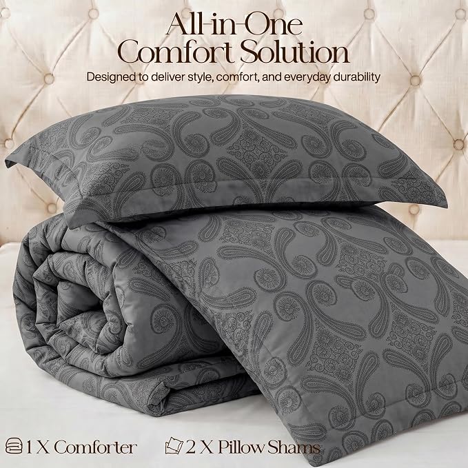 Utopia Bedding 3 Pc Queen Comforter Set, Printed Comforter, Paisley Grey | Comforter Set Includes Comforter (88x88) Inches, 2 Shams (20x26) Inches. Soft Microfiber Down Alternative, Machine Washable.