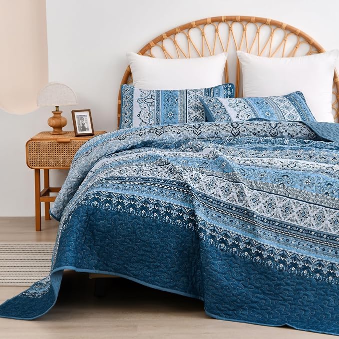 WONGS BEDDING Blue Quilt Queen Size,3 Pcs Bedspread Bedding Set | Colorful Bohemian Striped Printed Bedding for All Season, Lightweight Microfiber Coverlet Set with 2 Pillowcases( 96"x90" )