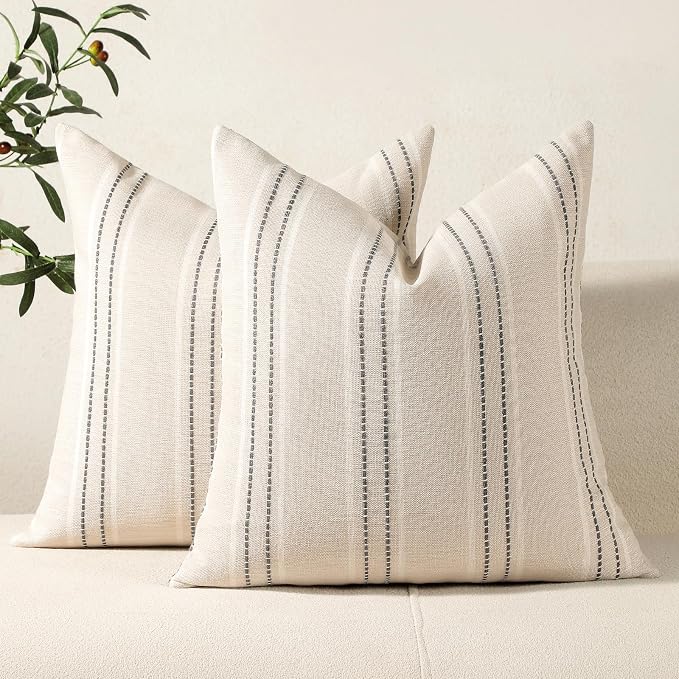 Hckot Decorative Throw Pillow Covers 20x20 Set of 2 Striped Pillow Covers | Textured Linen Grey Pillow Covers Outdoor Farmhouse Throw Pillows for Couch Sofa Bed Living Room Cushion Covers Home Decor