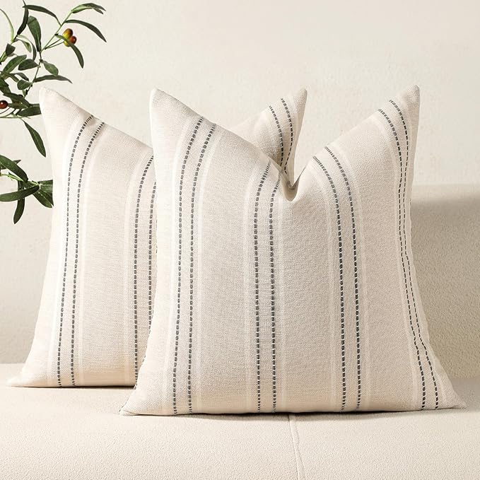 Hckot Decorative Pillow Covers 18x18 Striped Throw Pillow Covers Grey | Textured Linen Pillow Covers Outdoor Farmhouse Decor Cushion Covers for Couch Bed Living Room Home Accent Decor Pillows