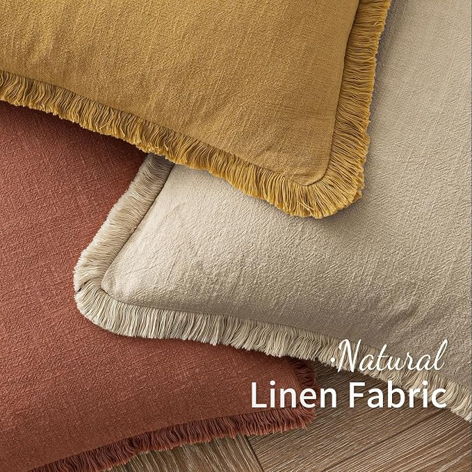 MIULEE Linen Fringe Decorative Fall Throw Pillow Covers Late Autumn 20x20 | Set of 2, Cottagecore Decor, Boho Farmhouse Neutral Pillow Covers, Rustic Fall Couch Cushion Cases for Sofa Bed Living Room