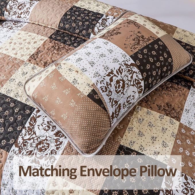 Mybedsoul Brown Quilt California King, Patchwork Floral Bedding Set | Soft Lightweight Microfiber Coverlet Set,3 Pieces Plaid Reversible Bedspread, Bed Sets for All Seasons 110"x96"