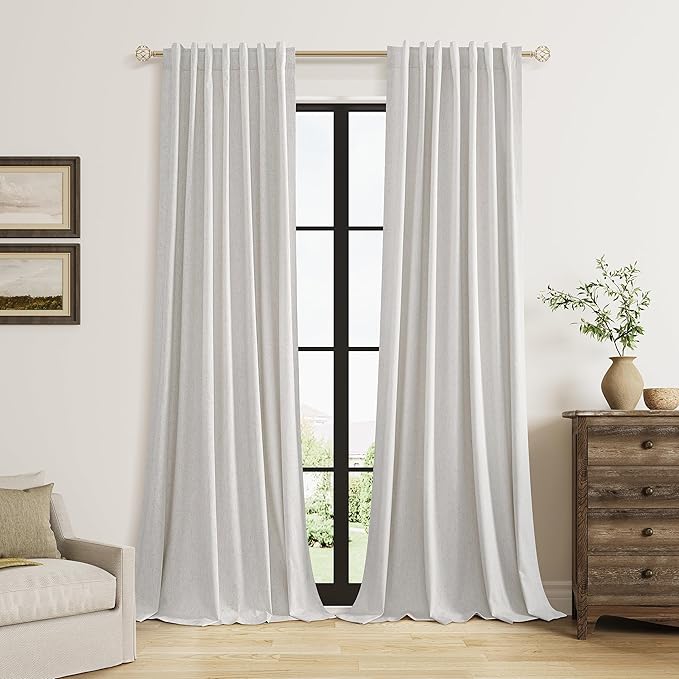 108 Inch Long Natural 100% Blackout Curtains for Living Room Bedroom Back Tab Thermal Insulated Netural Farmhouse Black Out Linen Drapes Room Darkening Window Curtain 2 Panels Set, 9 FT