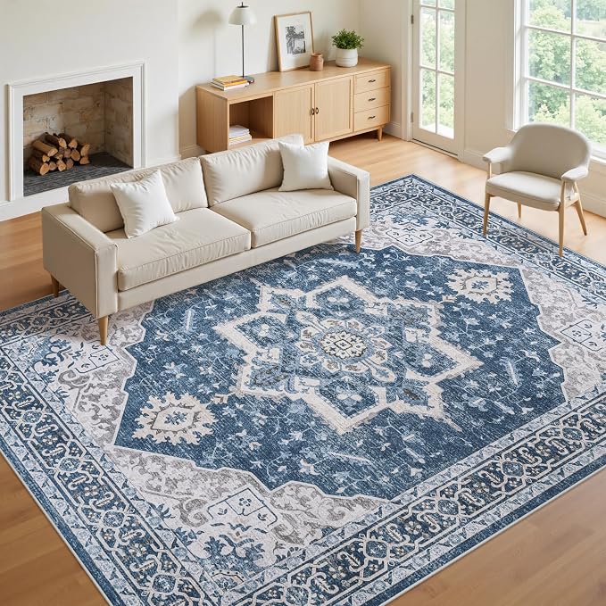 9x12 Washable Area Rugs for Living Room Blue Non-Slip Rug | Vintage Medallion Rug，Soft Low Pile Large Rugs，Indoor Retro Carpet for Bedroom Nursery Dining Table Farmhouse Home Office