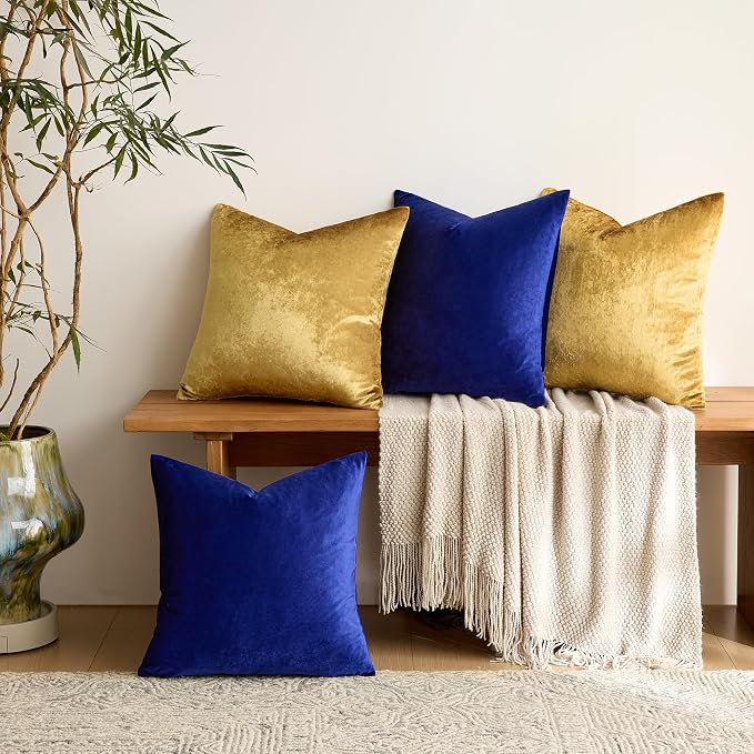 GIGIZAZA Pack of 4 Decorative Velvet Pillow Covers 16x16 Blue Gold | Throw Pillows for Couch Sofa,280gsm Soft Textured Fabric,Modern Accent Pillowcases,Luxury Living Room Cushion Covers