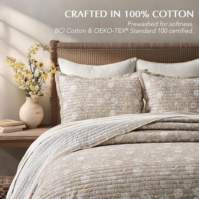 EverGrace 100% Cotton Floral Quilt Set, King Size, Sandstone Beige 108"×96" | Reversible Lightweight Bedspread Coverlet, Vintage Floral Farmhouse Bedding, Traditional Botanical Quilt with 2 Pillow Shams