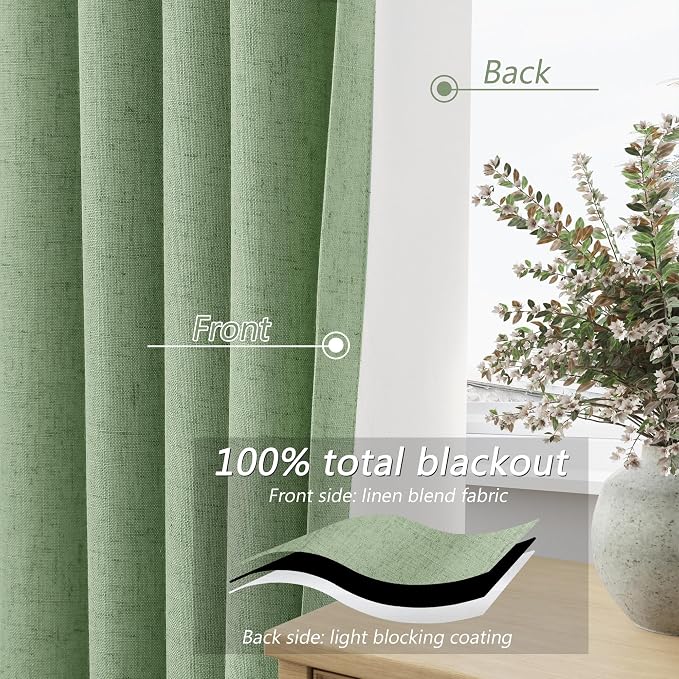 Blackout Curtains 80 Inch Length 2 Panels Set for Living Room Bedroom Back Tab Thermal Insulated 100% Black Out Linen Drapes Room Darkening Window Curtains 80 Inches Long,Light Sage