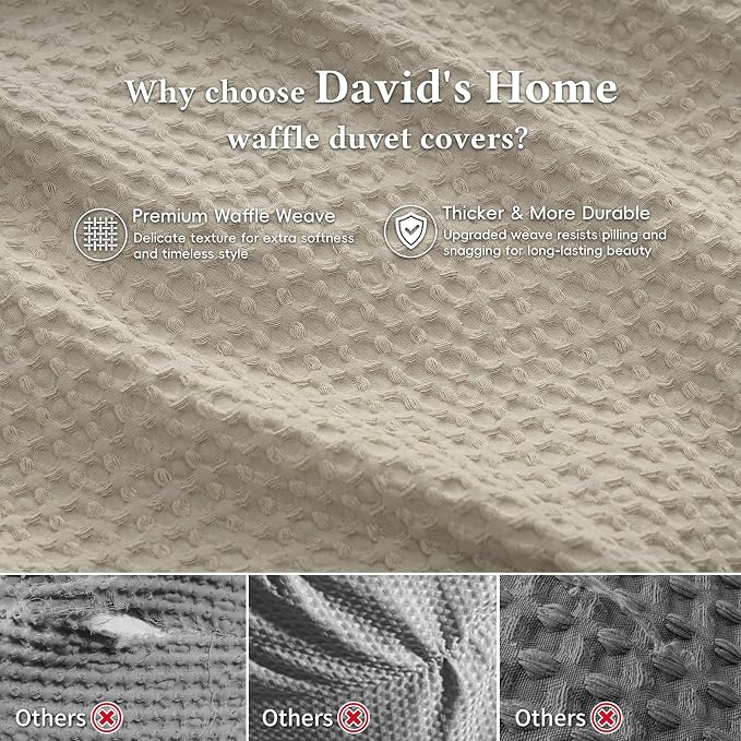David's Home Soft Textured Waffle Weave Duvet Cover Set, Twin Size, Natural | Breathable Cozy for All Season, 300GSM, 2PCS Home Bedding Decor, OEKO-TEX Certified, Hidden Zipper, 6 Corner Ties, 68" X 90"