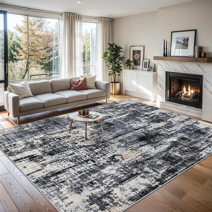 PLHXFR Area Rug Living Room: 5x7 Abstract Washable Carpet Black Gold | For Bedroom Dining Room Farmhouse Nursery Home,Machine washable,Non Slip,Large Soft Neutral,Stain Resistant, Indoor Floor