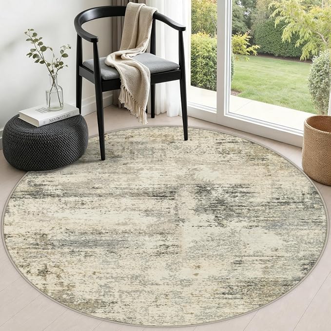 Round Area Rug Living Room: 5 ft Modern Washable Indoor Carpet | For Bedroom Dining Room Farmhouse Nursery Hallway Office,Modern Abstract,Machine washable,Non-Slip,Stain Resistant,Indoor