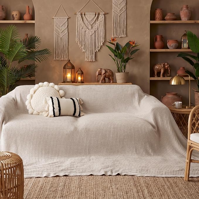 Bedsure 100% Cotton Big Oversized King Blanket, Waffle Weave, Beige | Breathable, Soft, Cozy, Cooling, Waffle Texture, Fall, Summer Blanket for Bed, Gifts for Women, Machine Washable, 120"X94"